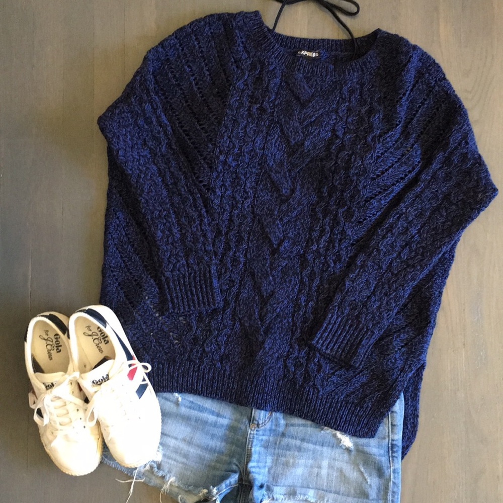 Express Blue & Black Open Weave Cable Knit Hi-lo Hem Pullover Sweater, sz Medium